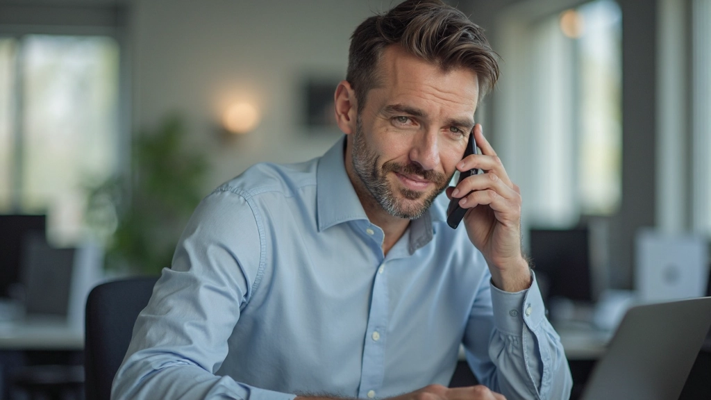 Man aan het telefoneren in een kantoor omgeving met notitieboek en pen