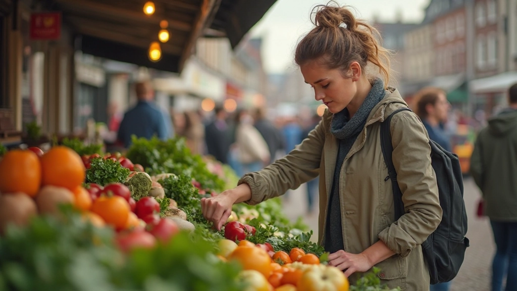 Vrouw aan het boodschappen doen op een Nederlandse markt, groenten selecterend bij verschillende stalletjes