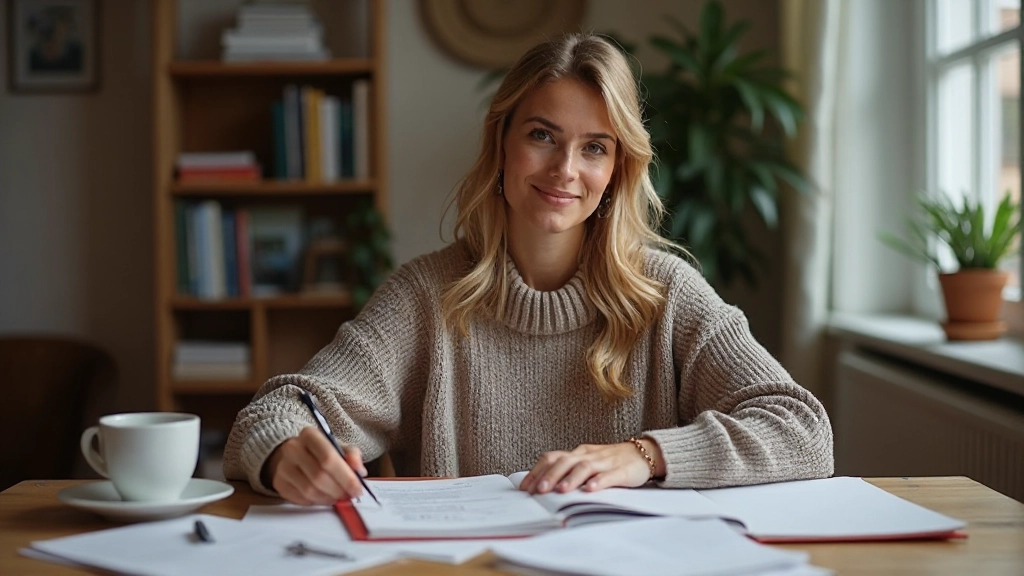 Vrouw in een koppelenaam koffie en notitieboek met Nederlandse leermateriaal op een houten bureau